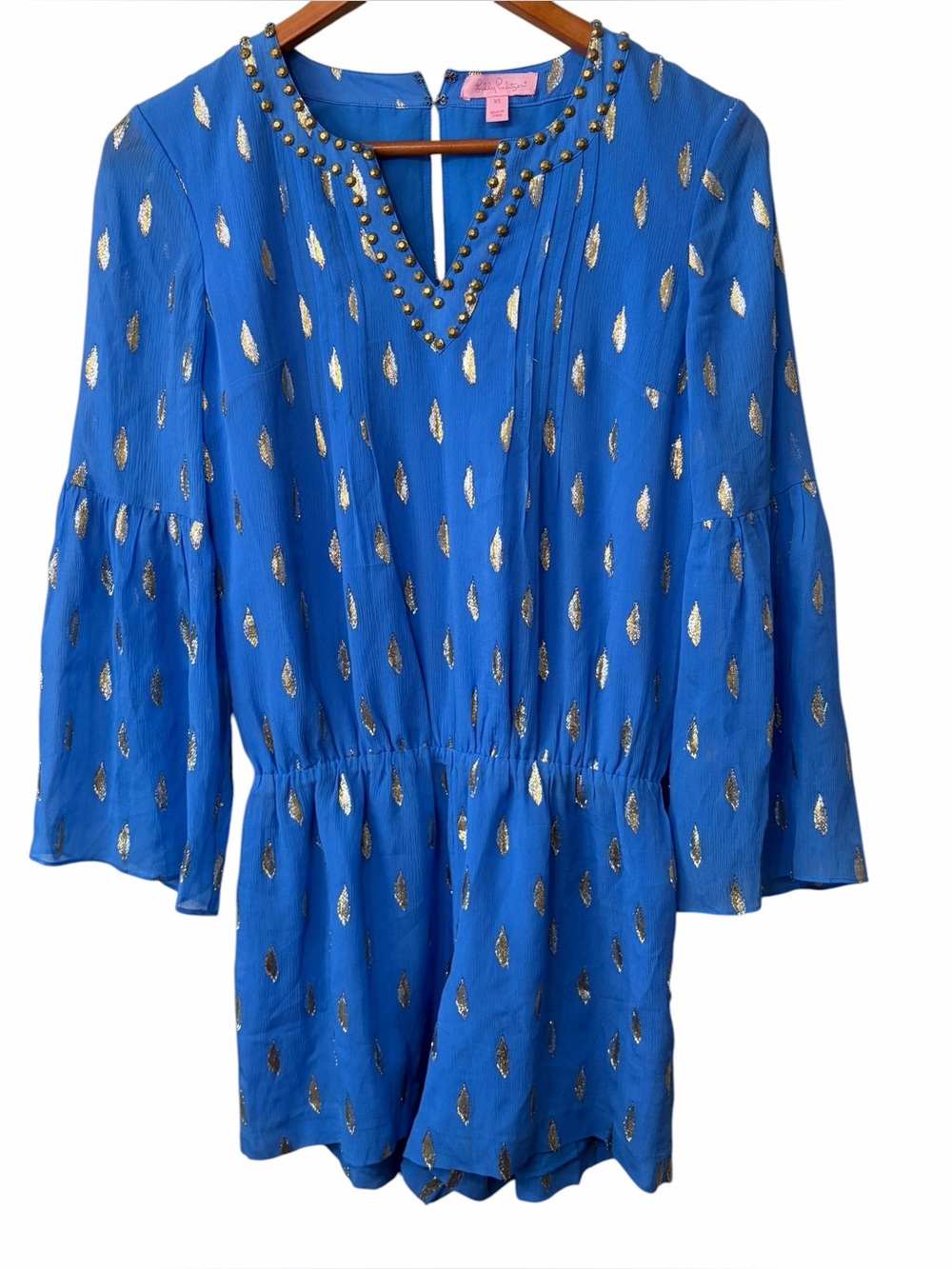 Lilly Pulitzer Blue Romper with Gold Foil and Stud Accents